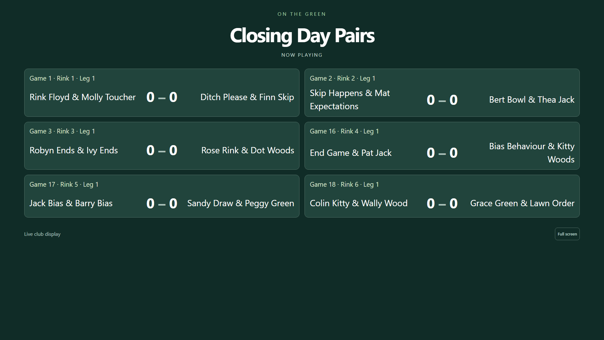Actual audience display showing six rinks of Closing Day Pairs games with sample teams and scores.