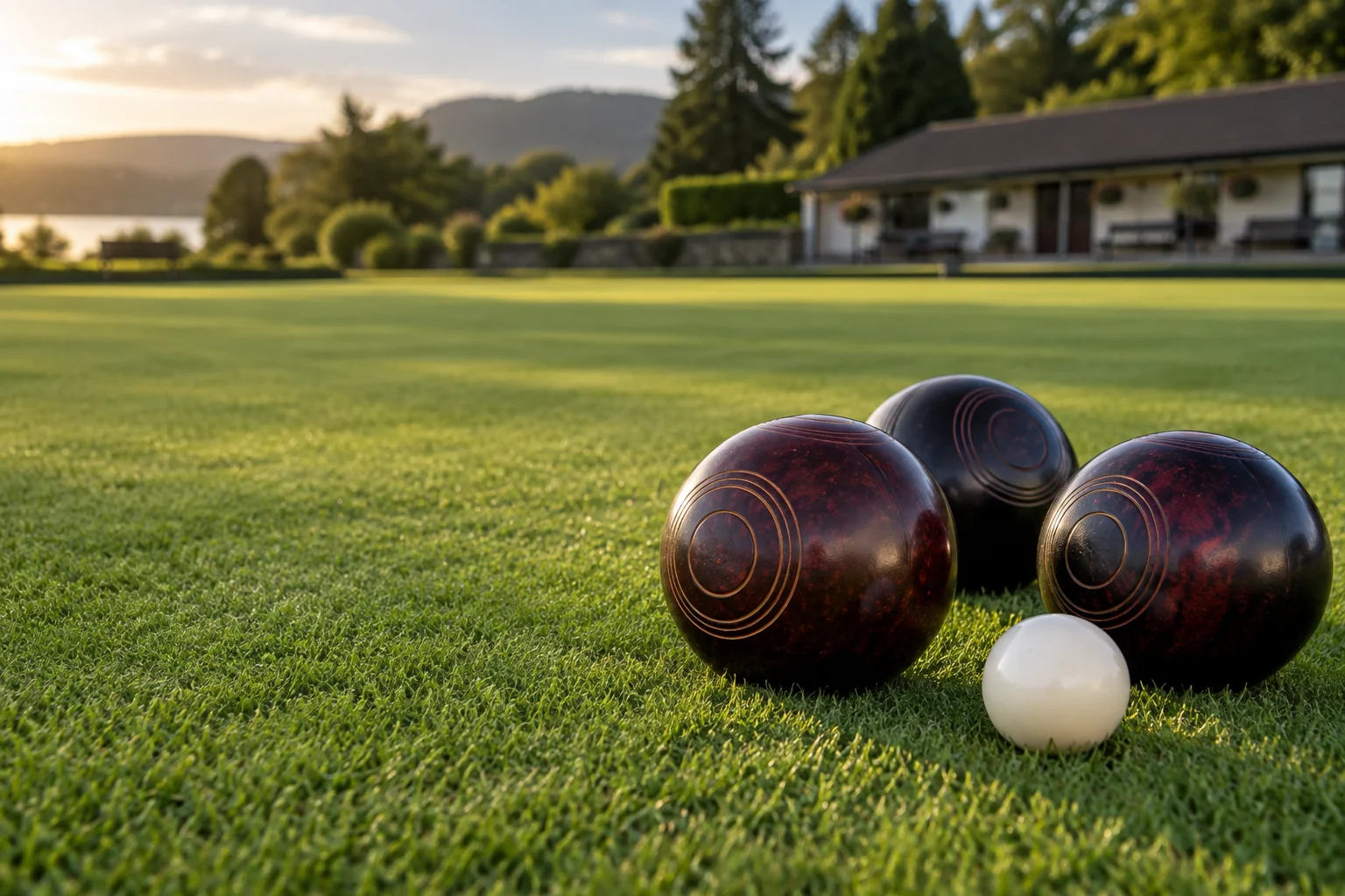 Lawn bowls and a white jack on a sunlit green, with a clubhouse beyond.